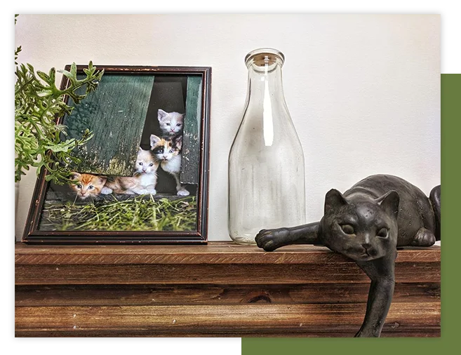 Cat statue sitting on an old wooden piano.